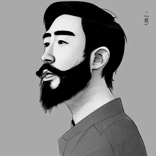 Image similar to of male portrait. creative. asian, inquisitive, beard, sarcastic. contrary. big. high details, photorealistic. artstation trending.