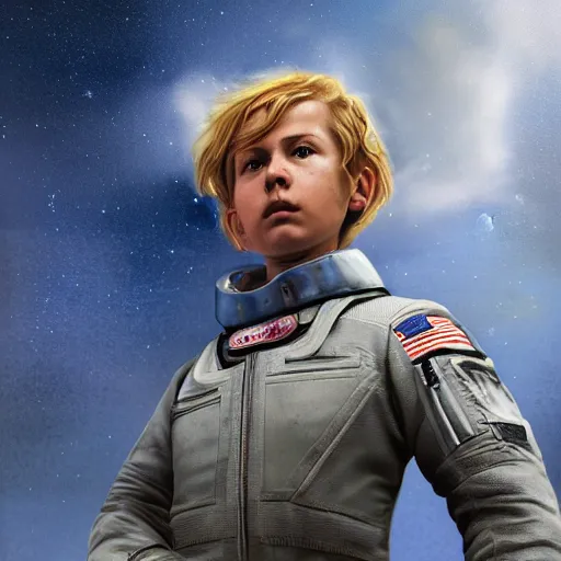 Prompt: rough and moody, highly detailed painting, 3 / 4 view, lonely awkward brilliant female blond tomboy girl with short hair, in flight suit, space high school, science fiction, octane render, artstation, michael whelan, ron cobb, digital illustration