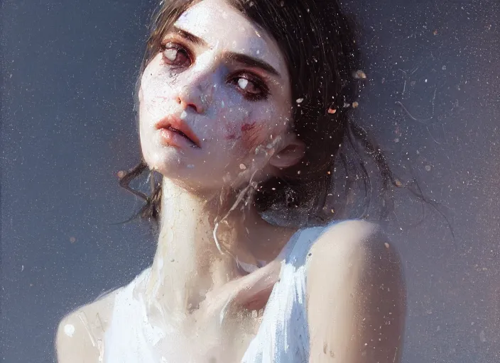 Image similar to close up picture of a white dress girl, hard breathing, messy hair, beautiful and aesthetic and attractive and detailed face, specular reflection, occlusion shadow, intricate, bokeh, masterpiece, by ilya kuvshinov and jeremy lipking and quentin mabille