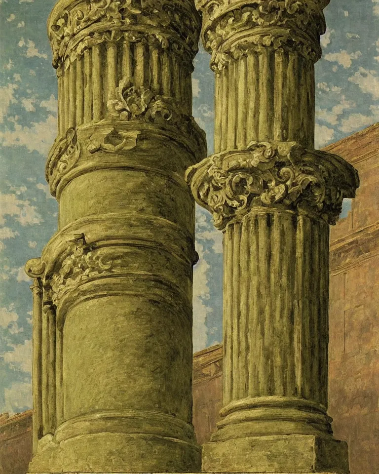 Image similar to achingly beautiful painting of intricate ancient roman corinthian capital on olive drab background by rene magritte, monet, and turner. giovanni battista piranesi.