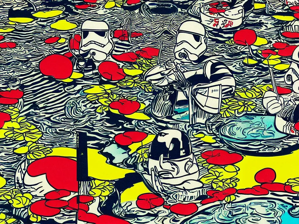 Image similar to hyperdetailed close - up image of a japanese house with a pond, stormtroopers sitting around it, in style of pop - art, andy warhol, roy lichtenstein, jackie tsai, bright palette, acrylic on canvas