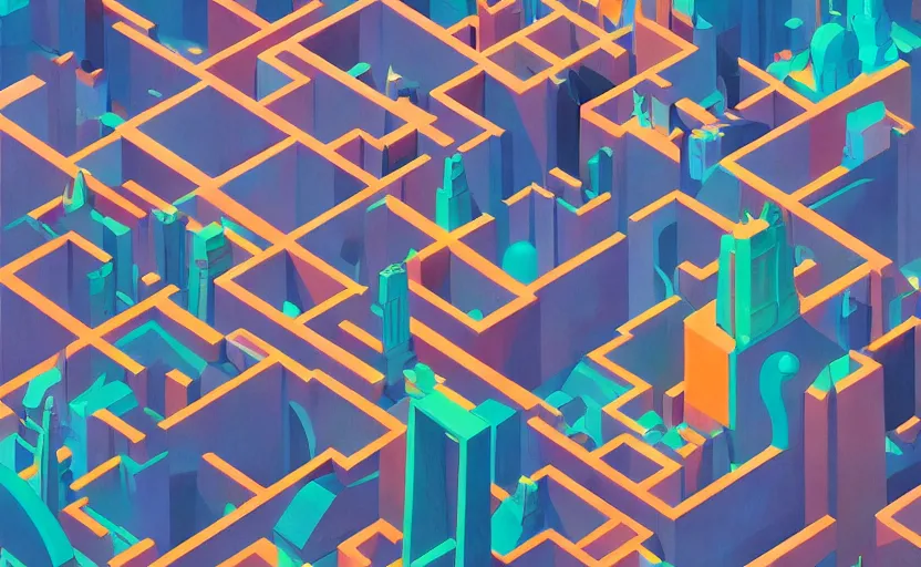 Prompt: An isometric shot of city in a shape of Maze , very coherent, painted by Edward Hopper, Wayne Barlowe, painted by James Gilleard, airbrush, art by JamesJean