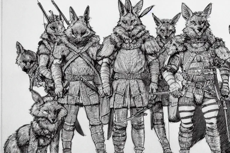 Prompt: pen and ink study of a group of furry soldiers with animal ears in a in a late renaissance city, key visual with intricate linework, in the stlye of kim jung gi and moebius