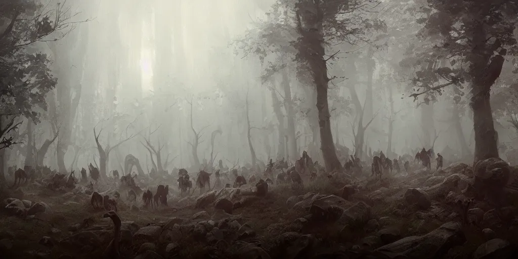 Image similar to a painting of a group of medieval villagers being attacked by wolves in a foggy dense forest by greg rutkowski, dark fantasy art, high detail, trending on artstation