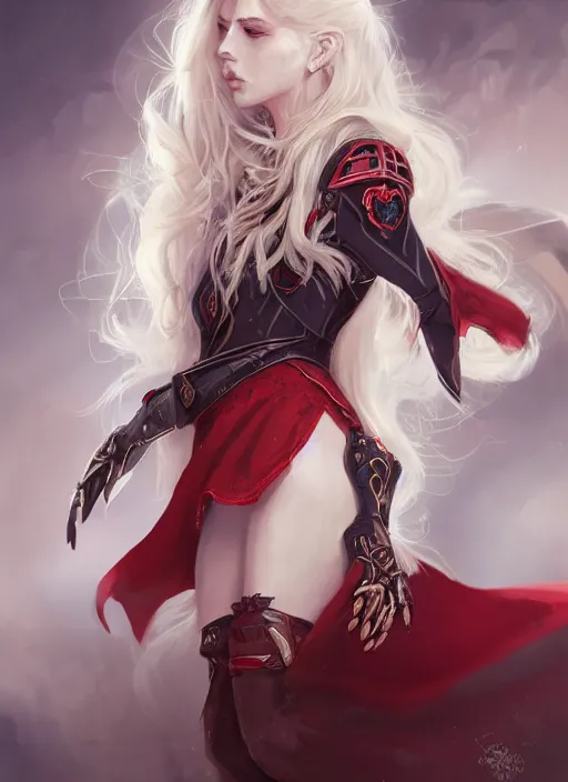 Prompt: a highly detailed illustration of beautiful long dirty blonde haired pale girl wearing red epaulette uniform, red eyes, dramatic seductive pose, intricate, elegant, highly detailed, centered, digital painting, artstation, concept art, smooth, sharp focus, league of legends concept art, WLOP