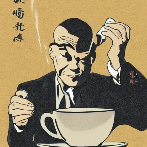 Image similar to agent smith holding a small steaming china cup of tea, romanticism style, detailed facial proportions