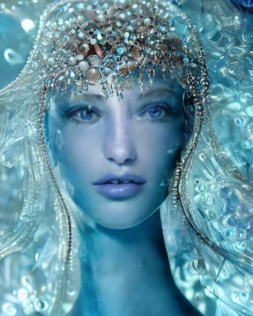 Image similar to natural light, soft focus extreme close up of a perfume bottle on a lilpad in the water, blue bioluminescent plastics, smooth shiny metal, elaborate ornate head piece, piercings, skin textures, by annie leibovitz, paul lehr