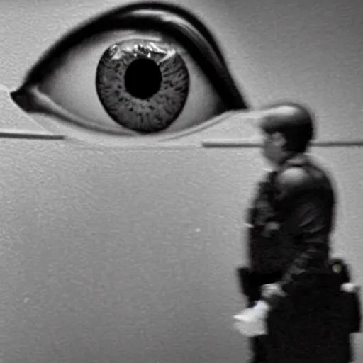Prompt: surveillance footage of a giant eyeball being interrogated by police in an interrogation room