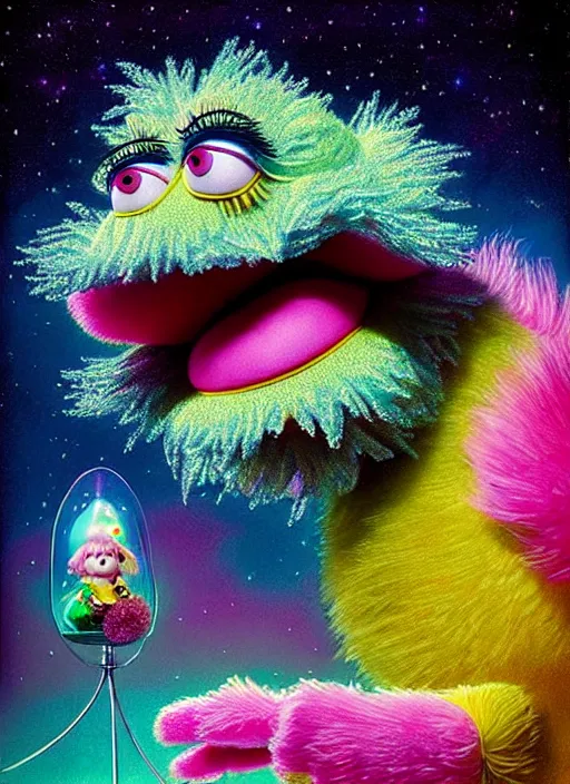 Image similar to hyper detailed 3d render like a Oil painting - kawaii portrait Aurora (the muppet big bird) seen Eating of the Strangling network of yellowcake aerochrome and milky Fruit and His delicate Hands hold of gossamer polyp blossoms bring iridescent fungal flowers whose spores black the foolish stars by Jacek Yerka, Ilya Kuvshinov, Mariusz Lewandowski, Houdini algorithmic generative render, Abstract brush strokes, Masterpiece, Edward Hopper and James Gilleard, Zdzislaw Beksinski, Mark Ryden, Wolfgang Lettl, hints of Yayoi Kasuma, octane render, 8k