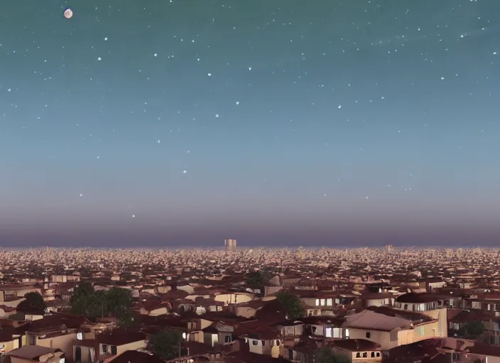 Image similar to thousands of moons scattered across the sky. thousands of big moons, focus on the sky. thousands of houses in the city, hyperrealism, no blur, 4 k resolution, ultra detailed