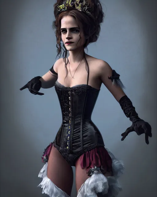 Prompt: full shot portrait painting of very beautiful emma watson standing as black maiden in stockings corset noir studio, character design by mark ryden and pixar, ue 5, daz, hyperrealistic, octane render, cosplay, rpg portrait, dynamic lighting, intricate detail, cinematic