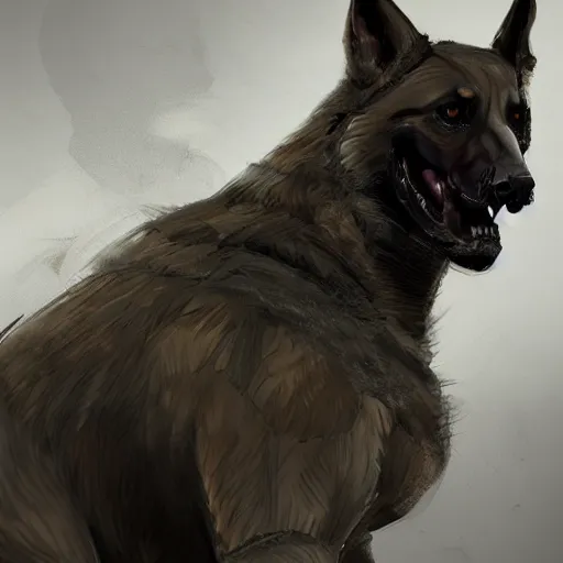 Image similar to a wounded humanoid german shepherd beast - man in military style, sitting on the bed, highly detailed portrait, digital painting, artstation, concept art, smooth, sharp foccus ilustration, artstation