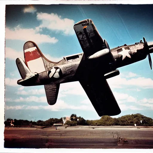 Image similar to B-25 bomber with pinup art of Christina Hendricks wearing a 1940s swimsuit. Medium format, high quality film stock. 120 film. airplane nose art