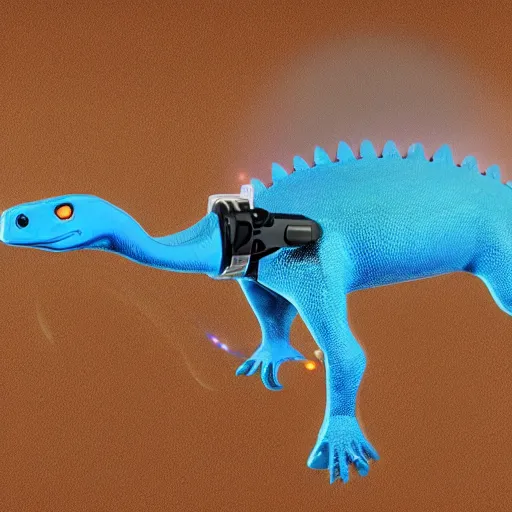 Prompt: finned dinosaur with awesome sci-fi laser harness