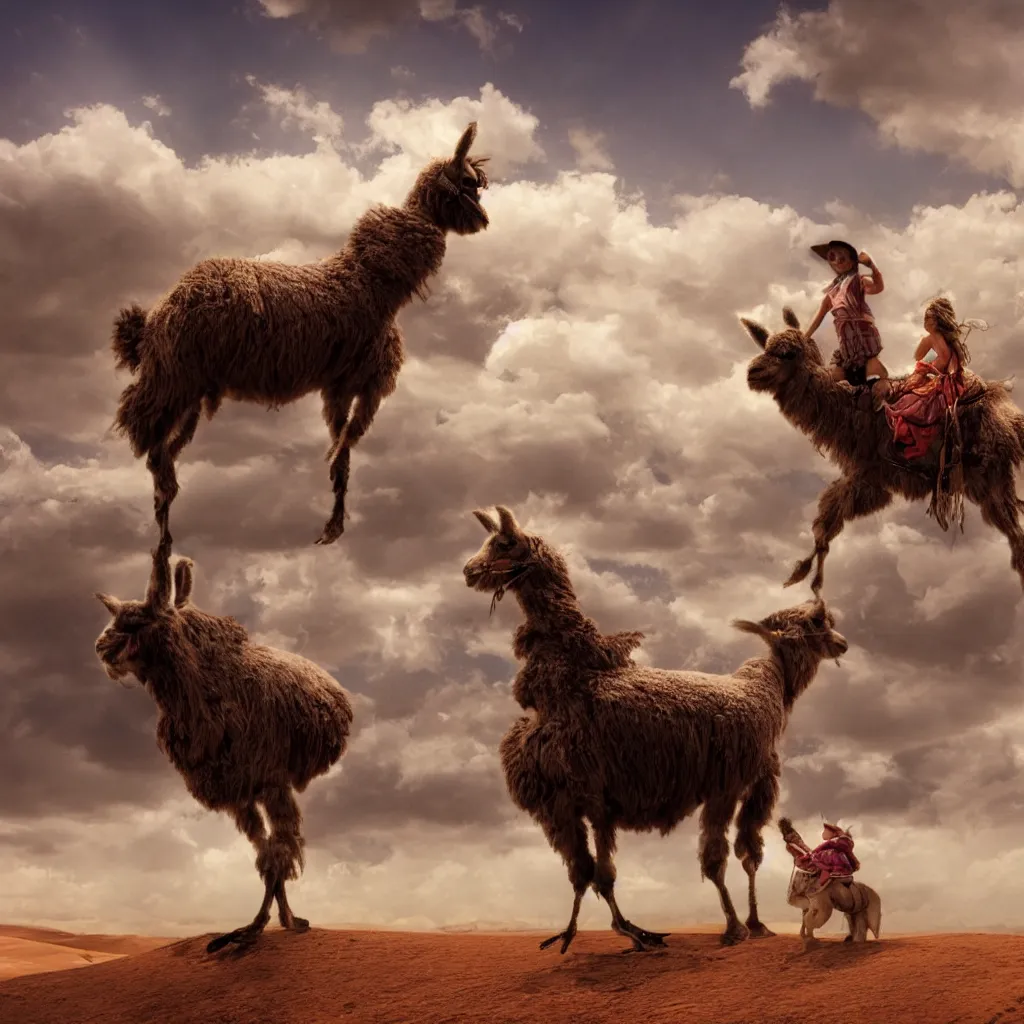 Prompt: A baby riding a Lama in the desert, cloudy sky, digital art, matte painting, style by alex ross,