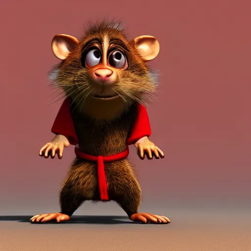 Prompt: a portrait of a human-rat mutant hybrid with brown fur wearing a red kimono, disney, pixar, dreamworks, 3d rendering, hdr, subsurface scattering, cartoon