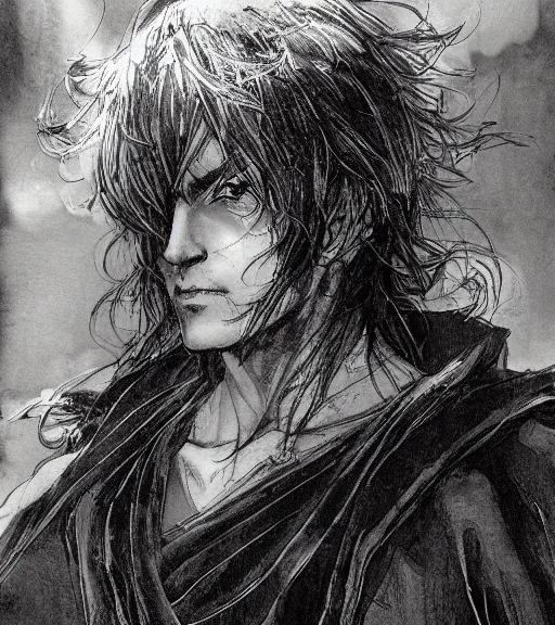 Image similar to portrait of a sinister anime man with long hair wearing a dark robe, pen and ink, intricate line drawings, by craig mullins, ruan jia, kentaro miura, greg rutkowski, loundraw