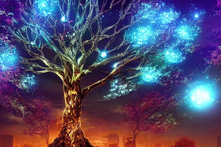 Image similar to Cybernetic tree of life in a city center, hyper real, 8k, colorful, 3D cinematic volumetric light, atmospheric light, studio ghibli inspired, fantasy LUT, high contrast, epic composition, sci-fi, dreamlike, surreal, angelic, by Moebius,