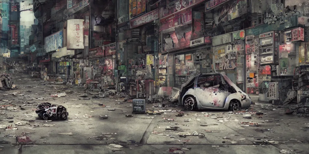 Image similar to a broken robot lying in a deserted shinjuku junk town, watercolor, ghost in the shell, soft bloom lighting, paper texture, bright sun bleached ground, vending machine, robot lurks in the background, koji morimoto, katsuya terada, genius party, animatronic, black smoke, pale, beige sky pencil marks, hd, 4k, remaster, dynamic camera angle, fish eye, dynamic scene