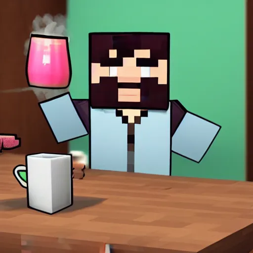 Image similar to minecraft steve holding a small china cup with steam coming out of tea, romanticism style, detailed facial proportions