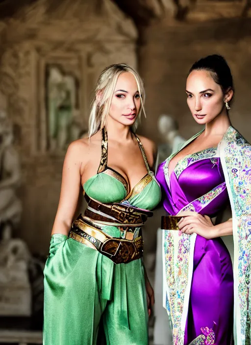 Prompt: portrait of lindsey pelas and gal gadot wearing green kebaya and purple silk belt in a temple, by charlotte grimm, natural light, detailed face, beautiful features, symmetrical, canon eos c 3 0 0, ƒ 1. 8, 3 5 mm, 8 k, medium - format print, half body shot