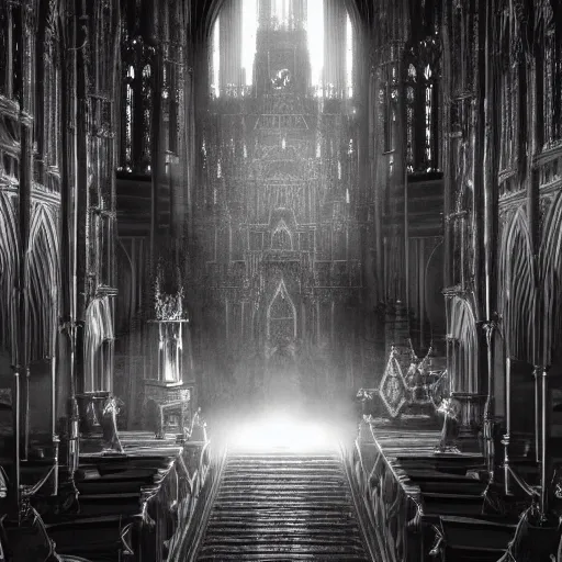 Prompt: an ultra detailed black and white tarot card of the throne of the evil patriarch up incredibly high looking down into the cathedral, incense smoke drifting through the air, artstation, volumetric lighting, exquisite detail, octane render, 8 k postprocessing, art by john collier and albert aublet