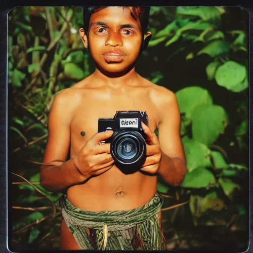 Image similar to a professional polaroid full body photo of a sri lankan jungle girl, black hair, light freckled skin and a look of panic on his face. extremely high fidelity. key light.