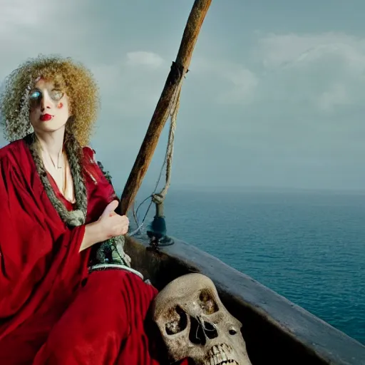 Image similar to a woman curled up in a ball on the deck of a ship, a beautiful english woman with a long face narrow nose pale skin blue eyes red lips and wild messy tangles of curly white blonde hair, high resolution film still wearing a black robe and skull necklace and holding a spear, sandy, a journey to the west