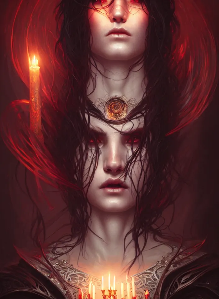 Image similar to Necromancer Sorceress face in center, fantasy magic, undercut hairstyle, dark light night, intricate, elegant, sharp focus, illustration, highly detailed, digital painting, concept art, matte, art by WLOP and Artgerm and Greg Rutkowski and Alphonse Mucha, masterpiece