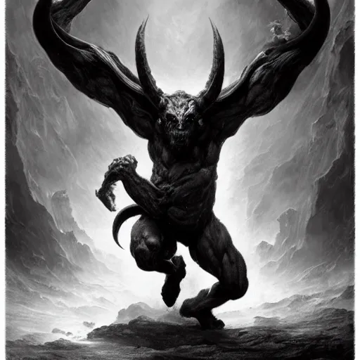 Image similar to full body, grayscale, Gustave Dore, greg rutkowski, muscled humanoid balrog demon, horns, claws, large horned tail, heroic pose, swirling flames