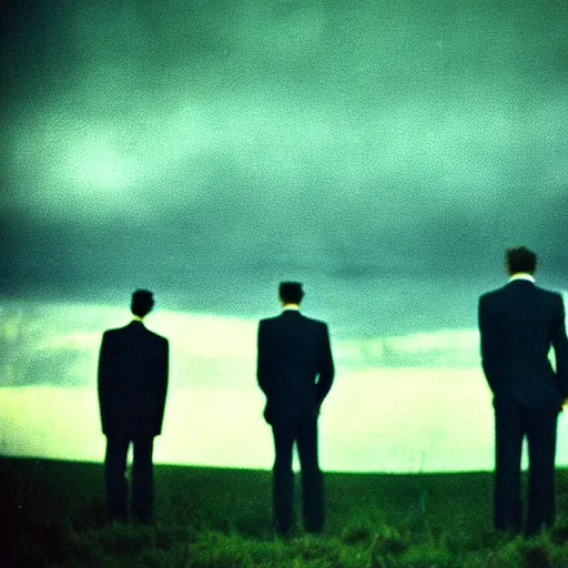 Prompt: 8 mm film, blurry, grainy, liminal, unsettling, group of tall men in suits in a field at night, thunderstorm, dark