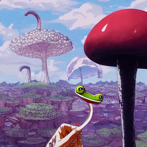 Image similar to A close up portrait of a scary godlike anthropomorphic frog smoking an anime cigarette , magic mushroom village in background . award winning. superb resolution. in the art style of junji Ito and greg rutkowski . Detailed Mushroom city in background. Hyper realistic anime. Perfect art. Dalle2