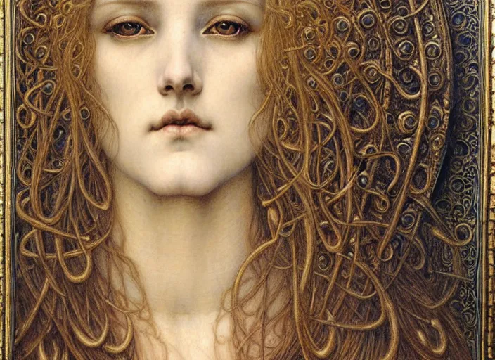 Image similar to detailed realistic beautiful young medieval queen face portrait by jean delville, gustave dore and marco mazzoni, art nouveau, symbolist, visionary, gothic, pre - raphaelite. horizontal symmetry