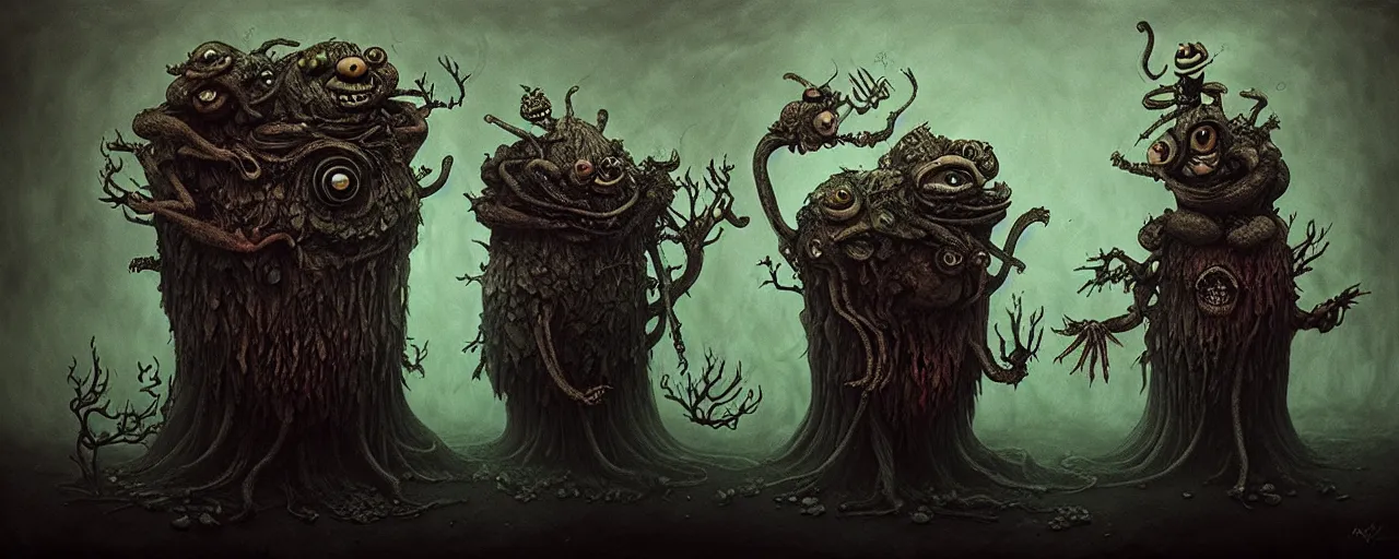 Image similar to whimsical earthy alchemical monsters, surreal dark uncanny painting by ronny khalil