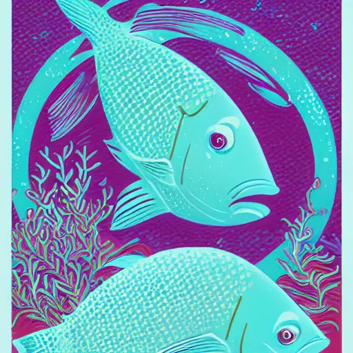 Image similar to one stylized fish in the ocean viewed in profile, seaweed, background with complex patterns, sparkles, artstation, intricate, realistic, highly detailed, digital painting, concept art, sharp focus, illustration by tom whalen and charles williams and kilian eng and james jean