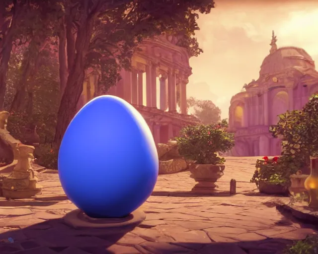 Image similar to of a very beautiful scene. a sweet fat old woman is in love with a huge, colorful and beautiful egg. hyper realistic. 4 k. wide angle. in the baroque style. wild. symmetrical face, red mouth, blue eyes. deep focus, lovely scene. processing block environment. concept art. unreal engine.