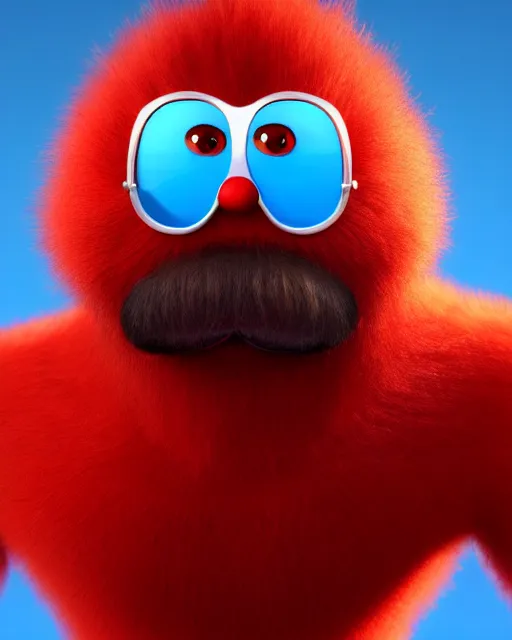 Image similar to 3 d render of completely red hairy friendly antropomorphic simple creature wearing chrome shades, without nose, full body, in the style of pixar, white background, unreal engine 5, octane render, highly detailed hdr