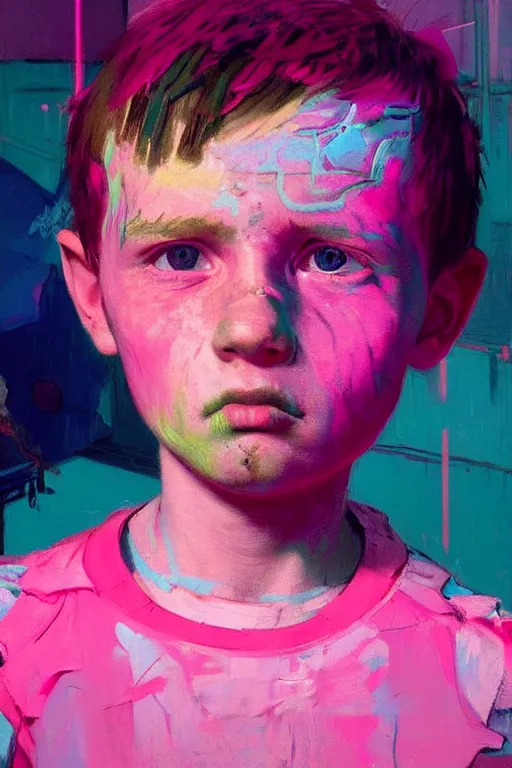 Prompt: portrait of a young boy living in a postapoliptic forgotten world, her face expresses : sadness, and death, in the colors hot pink and cyan, beautiful face, rule of thirds, complex outfit, spotlight, by greg rutkowski, by jeremy mann, by francoise nielly, by van gogh, digital painting