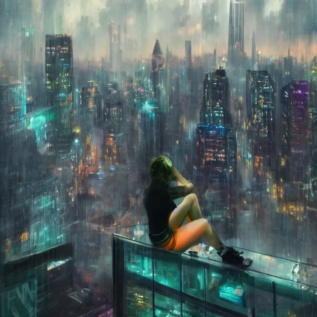 Prompt: a girl sitting on a glass ledge overlooking a futuristic new york city below, ghostpunk, neon lights, storm clouds, rain falling, detailed background, by craig mullins, by jc leyendecker, by james jean