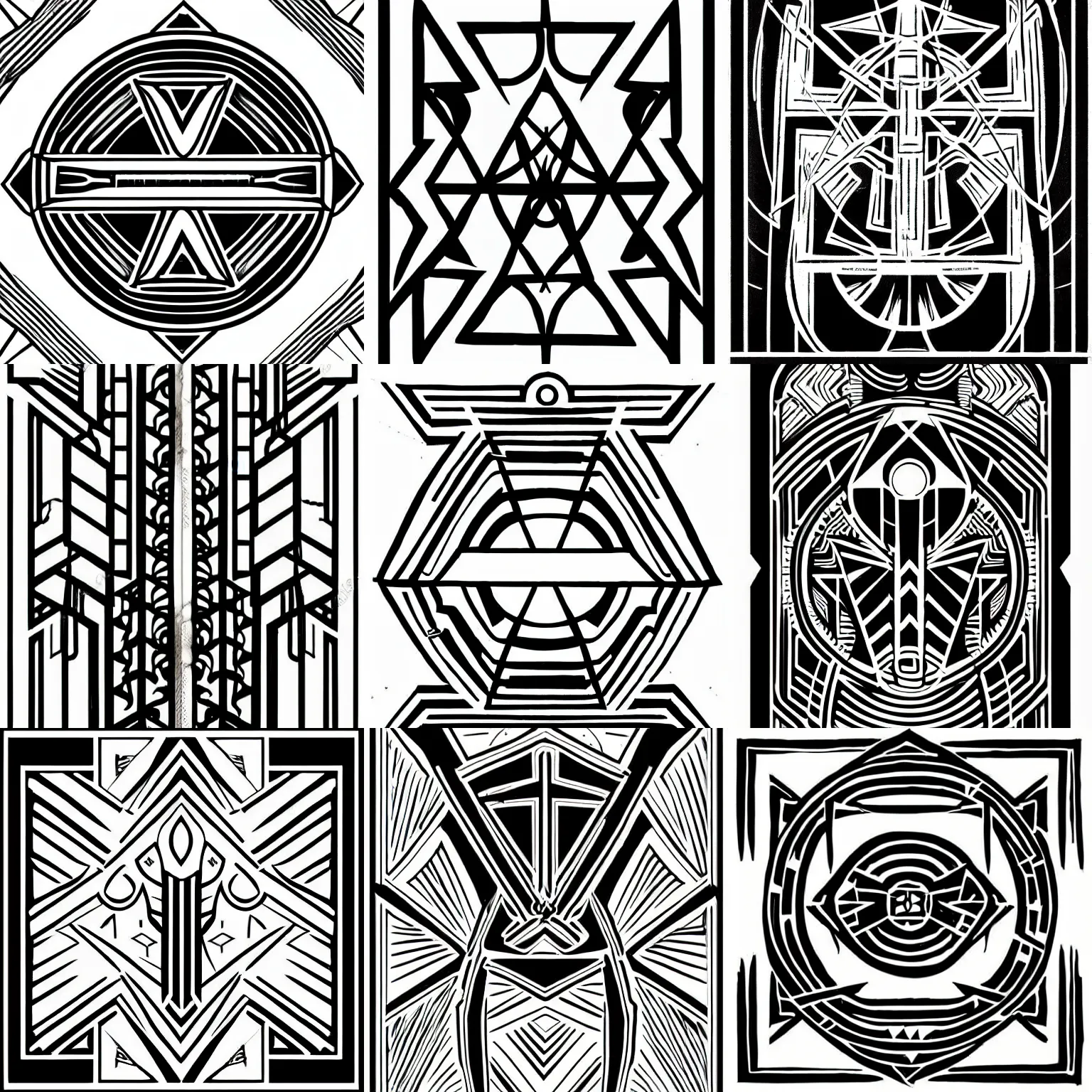 Prompt: black lineart symmetrical drawing modern style tarot digital art geometry,, expressive mark making consistent line width, Cybertron holy icon, halo for the saint of gladiators on a white background