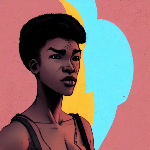 Image similar to Alberto Mielgo portrait design of an afropunk female character in a favela street, medium shot, asymmetrical, profile picture, painting by Alberto Mielgo and Laurie Greasley and Lois van Baarle, trending on artstation,