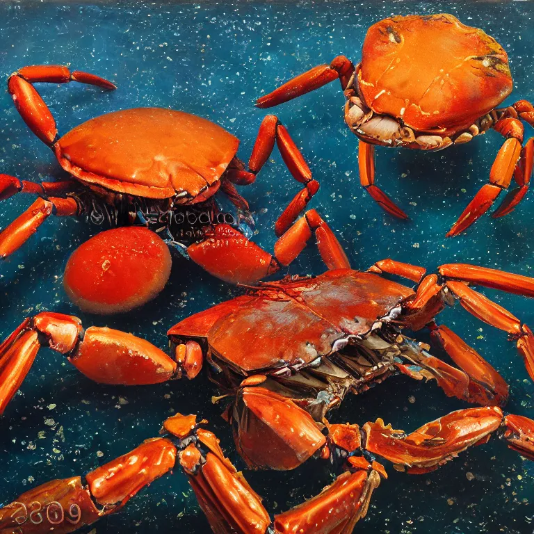 Prompt: Hyperrealistic intensely colored Studio wet collodion Photograph portrait of a deep sea Giant Armored Crab with 10 long spindly legs deep underwater in darkness long exposure, award-winning nature deep sea expressionistic impasto heavy brushstrokes oil painting by Jenny Saville and Norman Rockwell and Audubon vivid colors hyperrealism 8k