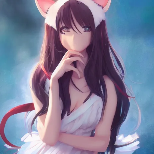 Image similar to An anime portrait of beautiful girl with cat ears, by Stanley Artgerm Lau, WLOP, Rossdraws, James Jean, Andrei Riabovitchev, Marc Simonetti, and Sakimichan, tranding on artstation