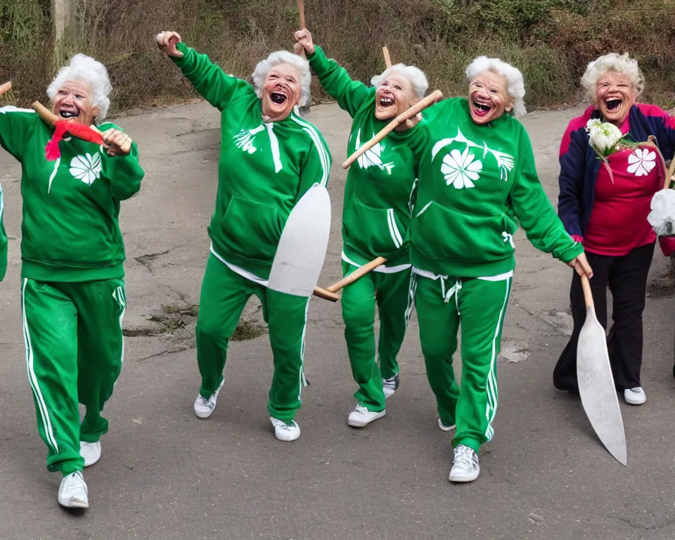 Image similar to a gang of old ladies waving machetes, and carrying flowers, and wearing green and white Umbro track suits, with blood splatters laughing maniacally and screaming