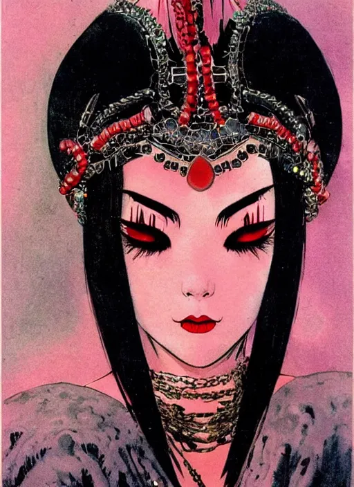 Prompt: junoesque female korean vampiress, jeweled headdress, heavy mascara, strong line, saturated color, beautiful! coherent! by frank frazetta, high contrast, minimalism