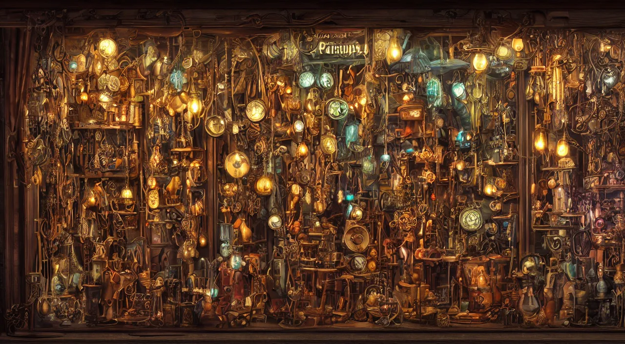 Image similar to steampunk shop window by don bluth, darkness, neon lights, photo realistic, completely filled with interesting oddities, things hanging from ceiling, light bulbs, cinematic
