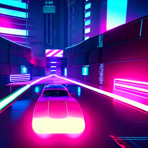 Prompt: a cyberpunk neon racing track in unreal engine, very high detailed, in a game, cinematic view