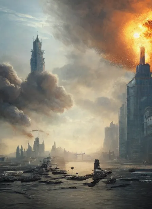 Image similar to hyper realistic giant fluffy caracal attacking moscow city harbor explosions, atmospheric beautiful details, strong composition painted by kim jung giu weta studio rutkowski, james gurney and greg rutkowski, and lucasfilm