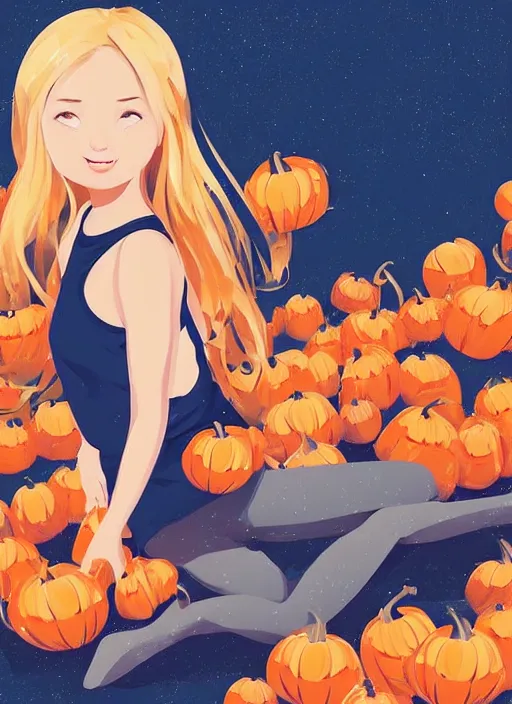 Image similar to little girl with long blonde hair sitting on a pile of pumpkins. clean cel shaded vector art. shutterstock. behance hd by lois van baarle, artgerm, helen huang, by makoto shinkai and ilya kuvshinov, rossdraws, illustration, art by ilya kuvshinov