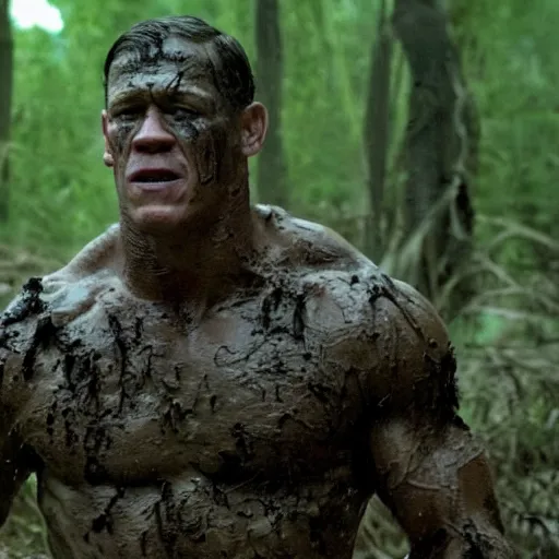 Image similar to film still of john cena as major dutch, covered in mud, hiding from the predator in swamp scene in 1 9 8 7 movie predator, hd, 8 k